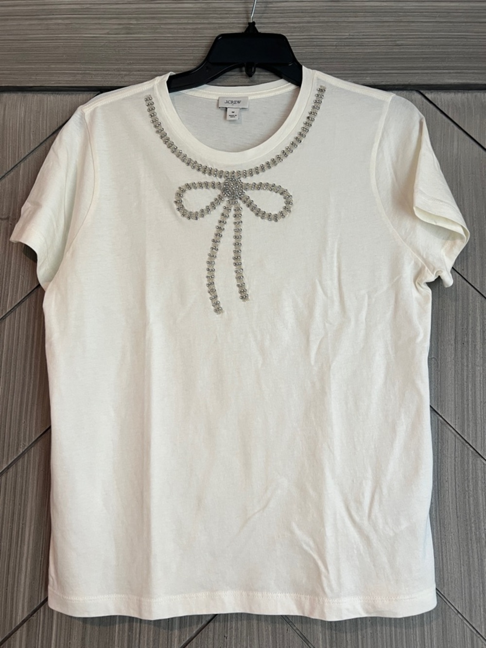 J. Crew White Short Sleeve Tee with Jeweled Bow Accent